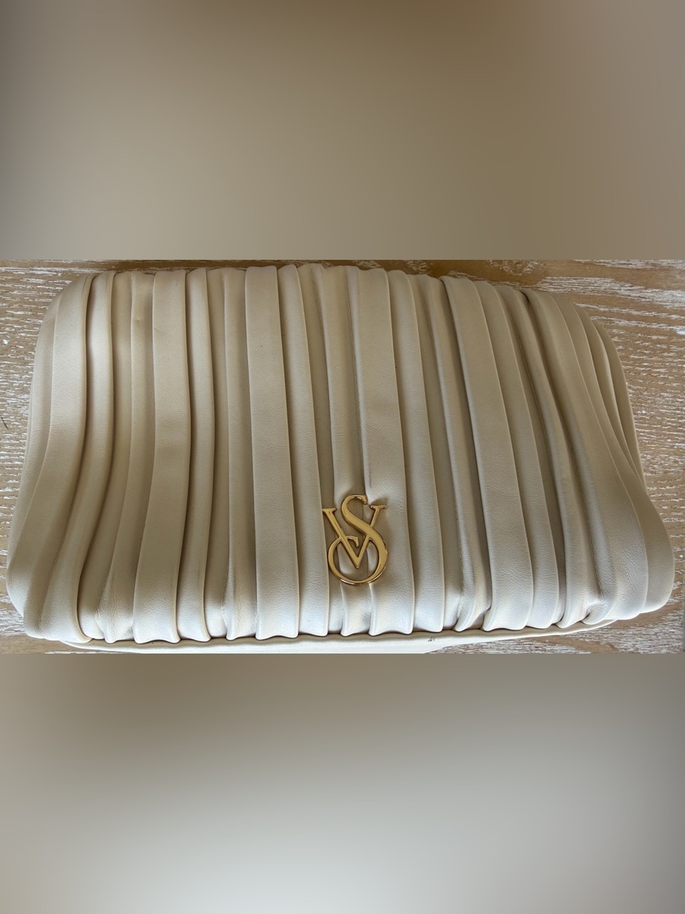 Victoria's Secret Cream Pleated Shoulder Bag with Gold VS Emblem